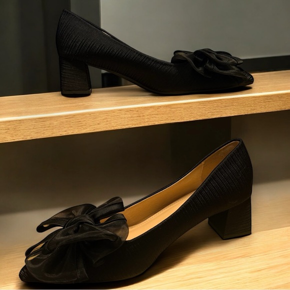 Elegant Black Formal Organza Bow Satin Textured Block Heel Evening Pumps Shoes - Picture 3 of 9